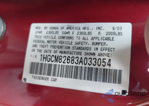 2003 Honda Accord 3.0 Ex из США, поврежденный, VIN 1HGCM82683A033054